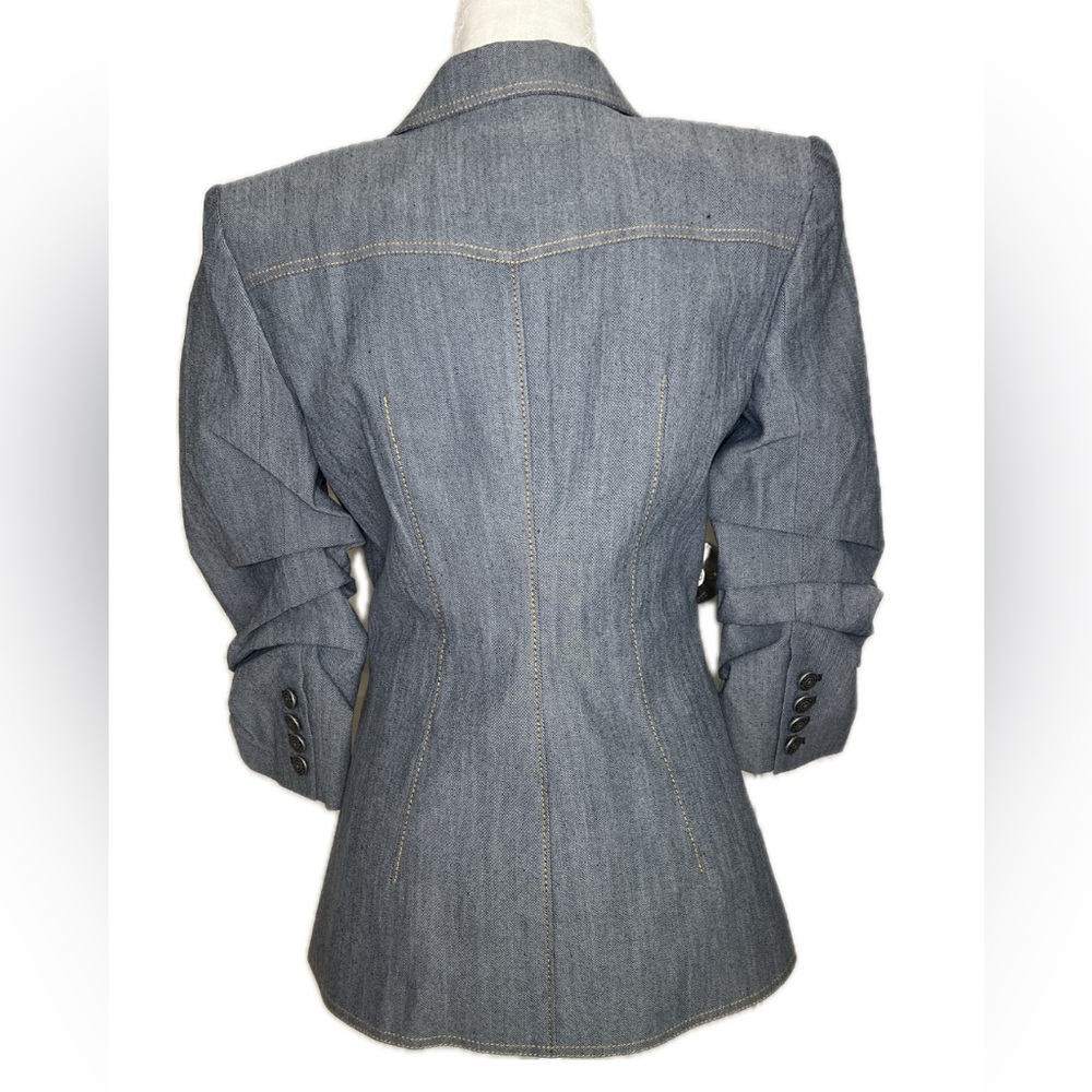 5 à 7 Cinq à Sept Louisa Grey Denim Notch Lapel Gathered Sleeve Blazer Jacket 6 - Picture 5 of 13